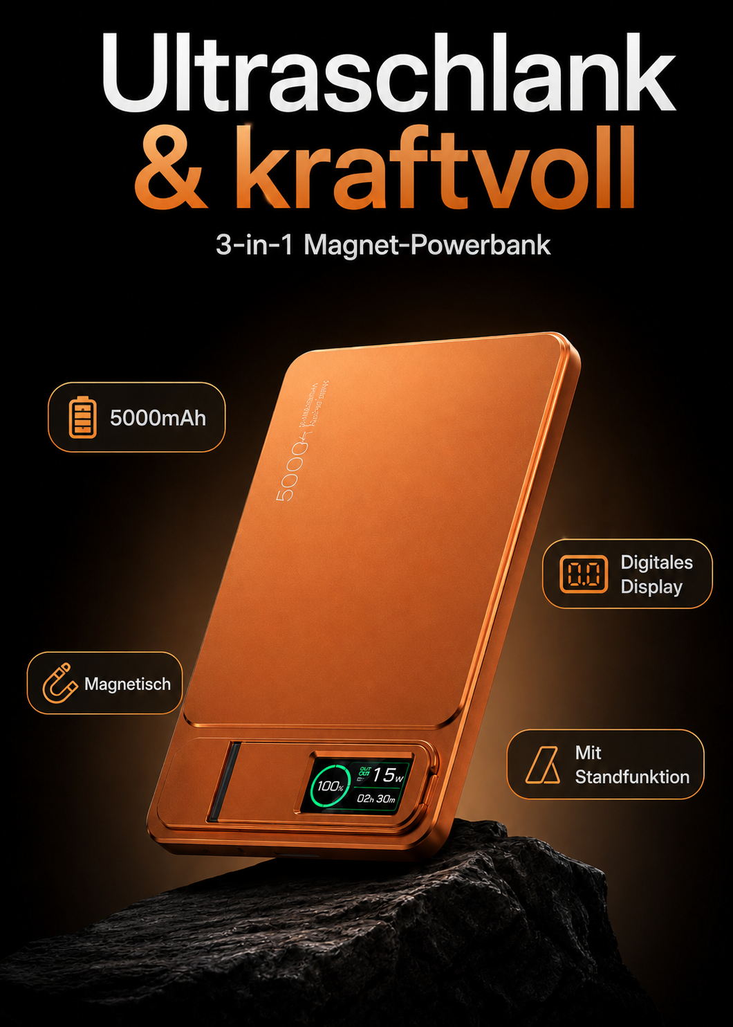 KAVENIQ 3-in-1 Magnetic Power Bank – 5000 mAh, magnetisch, digitales Display